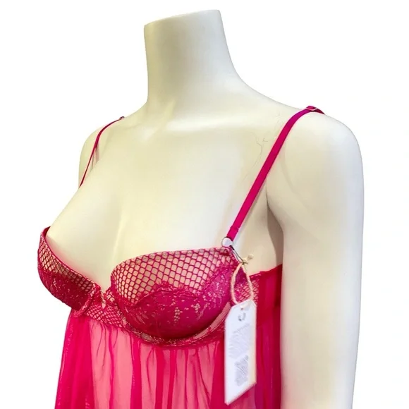 VICTORIA'S SECRET Soft Pink and Fuschia Lace Babydoll Bra Top, size 34B - Picture 8 of 15